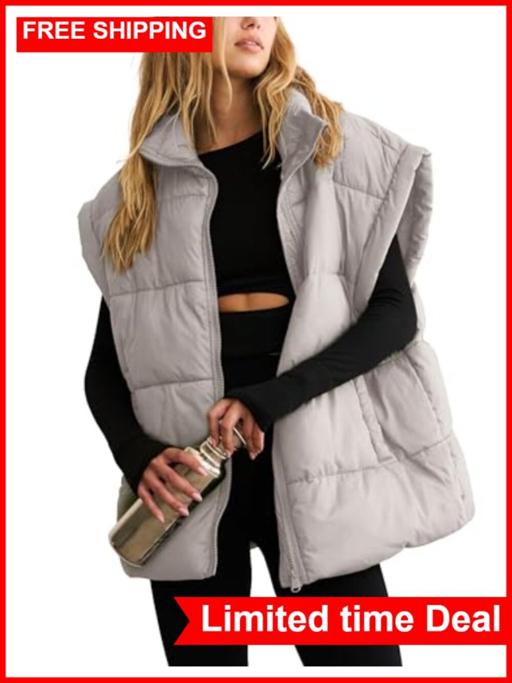 Women Oversized Quilted Puffer Vest Lightweight Zip Padded Coat